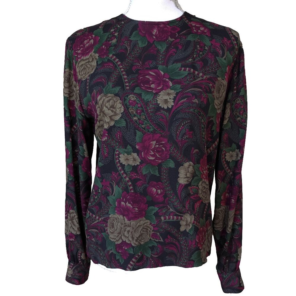 Vintage 80s Top Black Floral Goth Noir High Neck Victorian Indie Rose